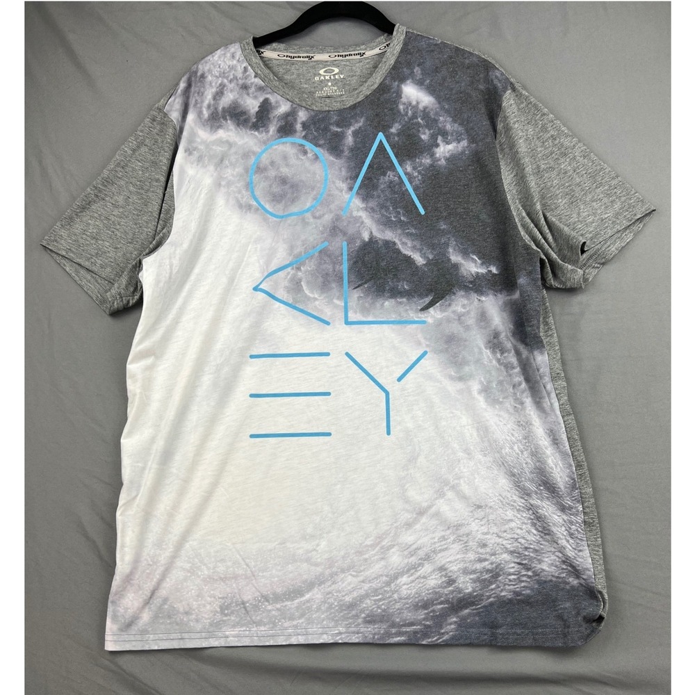 Oakley T-Shirt Mens XXL Hydrolix Regular Fit Grey Wave Graphic Logo Tee Good